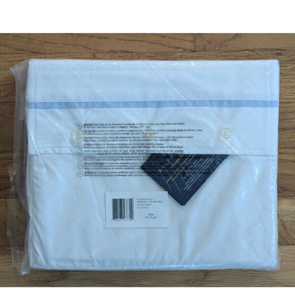 NWT Ralph Lauren Full Flat Sheet White Organic Cotton Palmer Percale Blue Stripe - Picture 1 of 3
